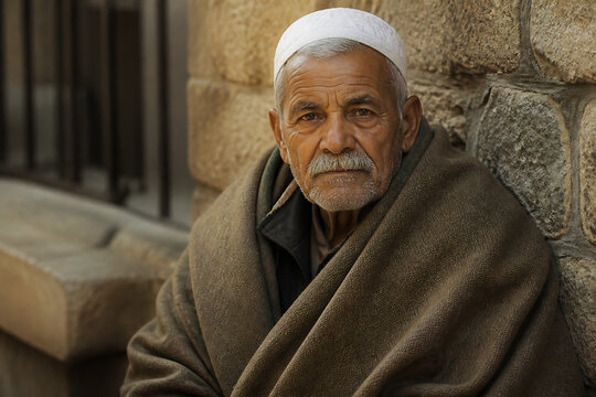 An elderly man wearing a white skullcap and brown cloak is seated outdoors against a stone wall.