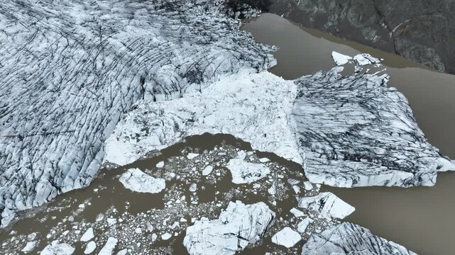 Aerial view of icebergs drifting in a glacier lagoon in the south of Iceland