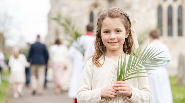 Young girl holding a palm branch during a Palm Sunday procession. Child smiling outside a stone church. Holy Week religious celebration