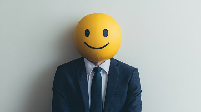 Businessman with Smiley Face Mask Symbolizing Emotional Labor