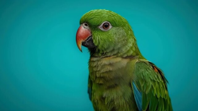 Green Parrot Bird Portrait with Curved Beak, Vivid Plumage Against Turquoise Background