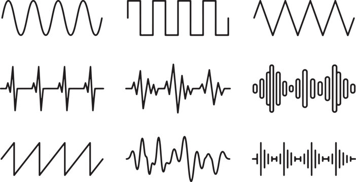 Set of monochrome waveform icons representing different audio signals and electronic frequencies in a minimalist line art style