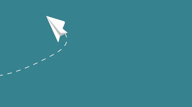 Paper airplanes flying over sky. Stop motion animation. Origami Paper plane ,Animated paper airplane flying with dotted path motion on teal background, flight motion animation trajectory