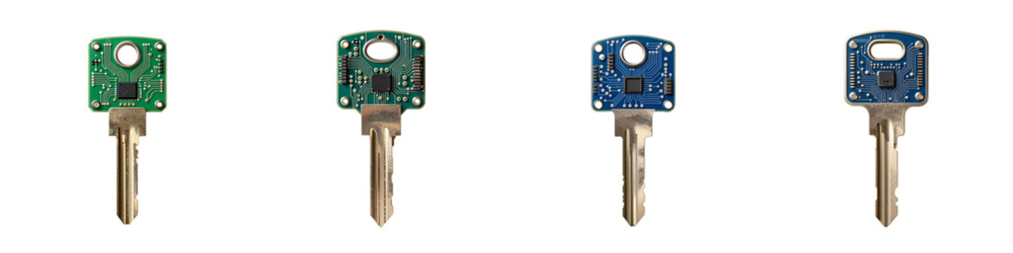 Set of four keys with circuit board texture create a high tech security concept