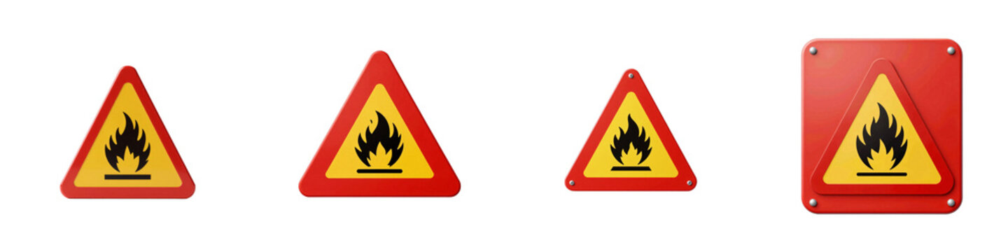 Set of flammable hazard sign with red triangle and yellow filling on black background