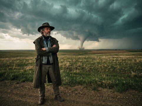 Confident man in trench coat standing in field watching massive tornado storm