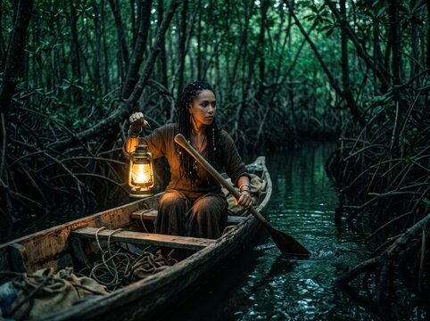 Mysterious woman holding glowing lantern in wooden boat exploring dark mangrove forest