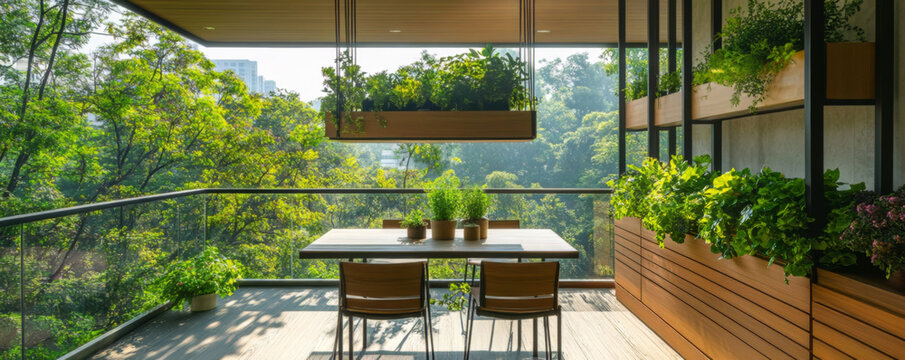 Balcony Garden with Rustic Furniture and Plants