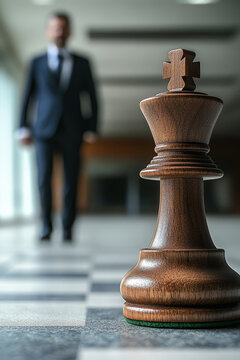 Chess King Piece with Blurred Businessman in Background