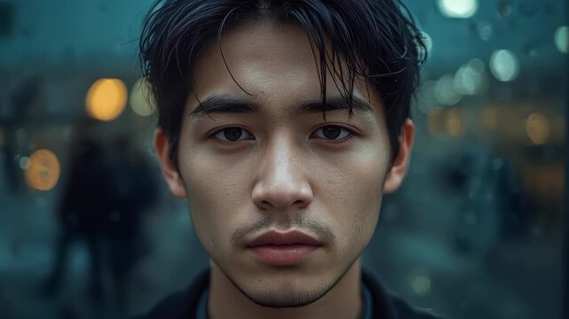 Asian Man Portrait Closeup with Serious Tired Expression in Rainy Urban Evening Light