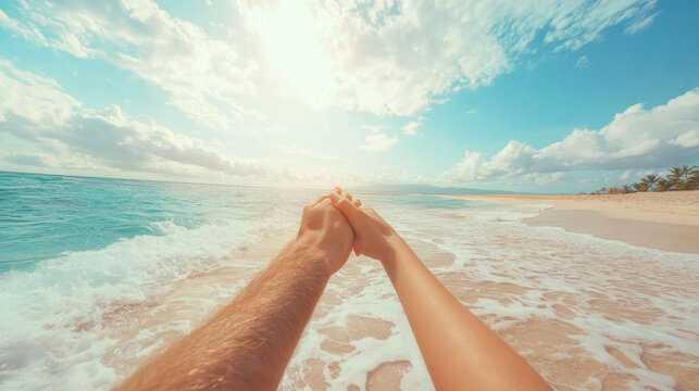 Romantic Couple Holding Hands by the Ocean