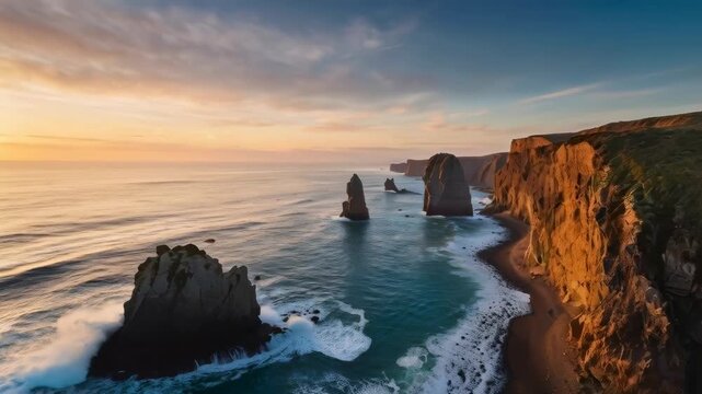 Coastal Cliff Sea Stack Ocean Sunset Landscape with Foamy Surf and Colorful Sky Along Shoreline