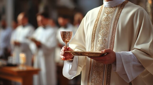 Close up of a priest holding a golden chalice and paten during Holy Communion. Catholic clergyman in white vestments celebrating mass in a church