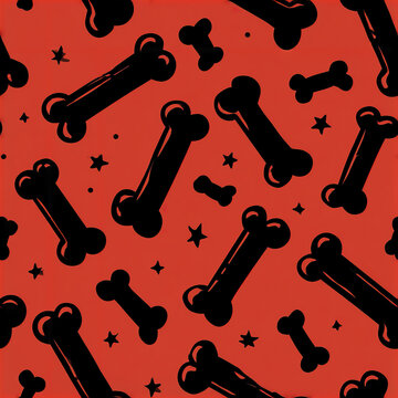 Playful black bone seamless pattern with stars on red background creating fun and lively design for various uses