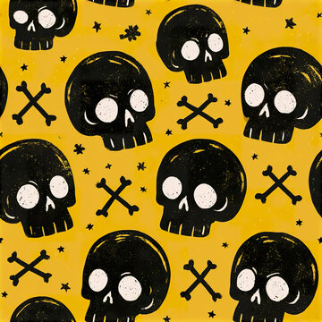 Playful spooky season seamless pattern with adorable black skulls and crossed bones on yellow background