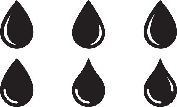 Minimalist black and white water drop icons set for graphic design and environmental awareness projects
