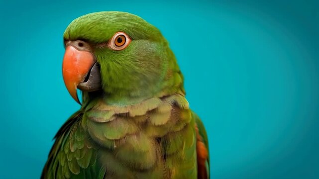 Green Parrot Portrait with Colorful Plumage, Orange Beak and Turquoise Background