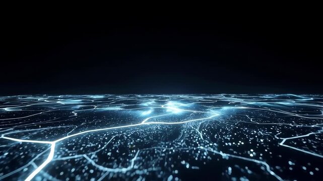 Glowing Digital Landscape With Luminous Network Line Beneath Dark Horizon Creating Futuristic Depth