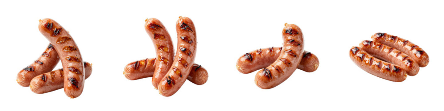 Assorted grilled sausages presented against a stark black background for visual emphasis