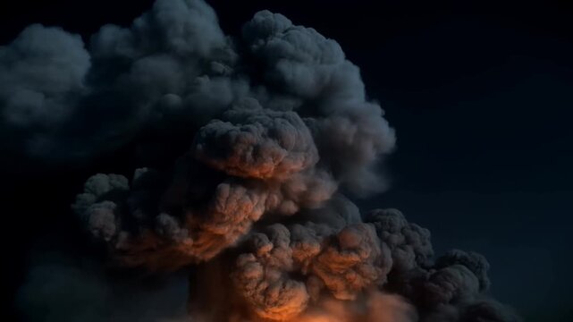 Large mushroomshaped smoke cloud with orange glow fills a dark night sky