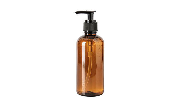 Amber glass pump dispenser bottle for cosmetic liquid soap isolated on transparent background