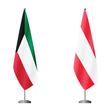Kuwait and Austria flags on flagpoles for official ceremonies and meetings, transparent background vector