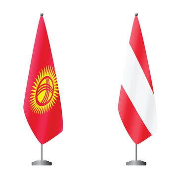 Kyrgyzstan and Austria flags on flagpoles for official ceremonies and meetings, transparent background vector