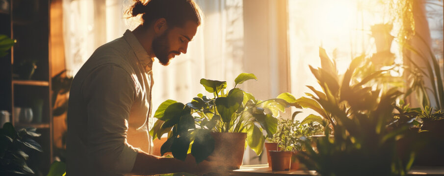 Man Watering Indoor Plants in Sunlit Room