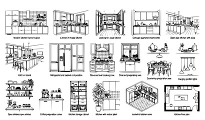 Fototapeta premium Kitchen Interior and Furniture Black Outline Sketch Vector Illustration Collection