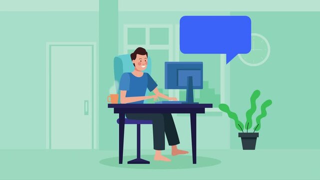 Young man working from home using computer in home office environment flat cartoon style animation.