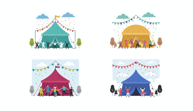 Four separate small panels show different colorful circus tents with silhouetted figures dancing under fluttering bunting flags.