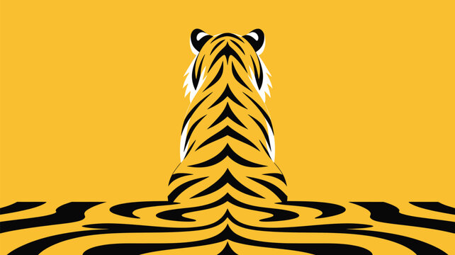 Majestic tiger seen from behind with distinctive black stripes blending into a vibrant yellow canvas