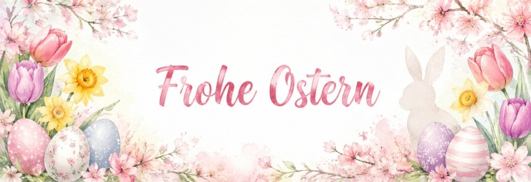 Frohe ostern beautiful easter background with floral accents colorful eggs and easter bunny for holiday celebrations