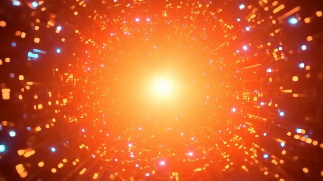 Abstract Digital Tunnel with Glowing Orange Center, Blue Light Trails, and Futuristic Energy Pattern