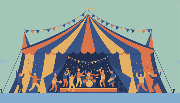 Large colorful circus tent serves as a backdrop for a lively musical performance featuring a band and dancing crowd in celebration.
