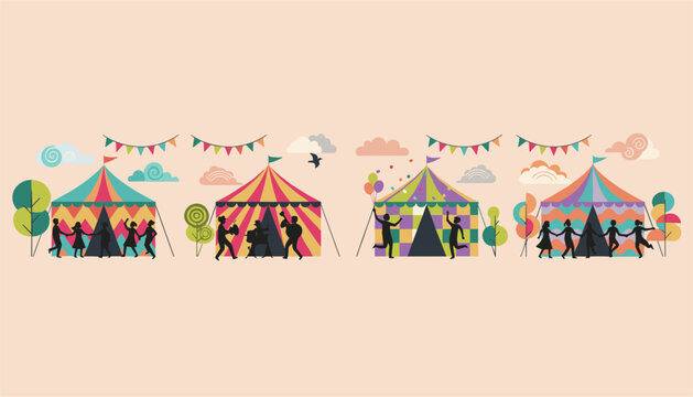 Four carnival tent scenes depict silhouettes of people holding hands dancing and playing music under vibrant bunting decorations.