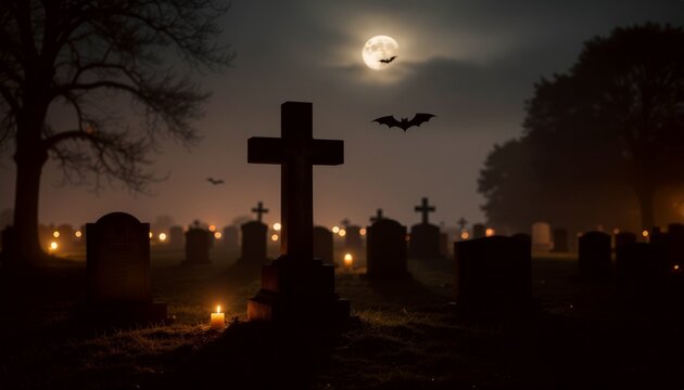 満月の夜の墓地と十字架・コウモリの幻想的なハロウィン素材（キャンドル・墓石） / Halloween cemetery with full moon and bats