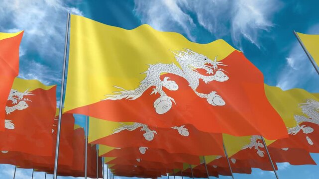 Multiple Bhutan flags seamless looping waving on blue sky