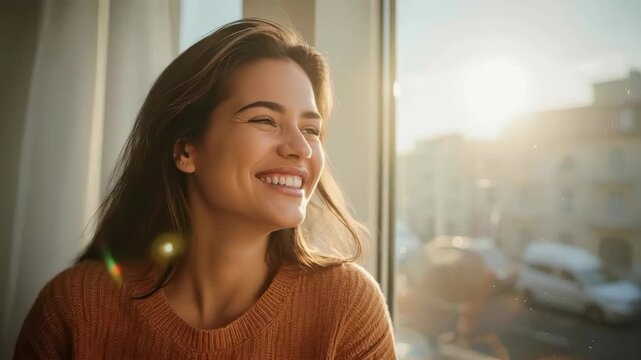 Young woman laughter by window warm sunlight, expressing genuine joy and relaxation through smiling