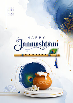 Happy janmashtami greeting card design featuring traditional butter pot and flute janmashtami festival greeting traditional celebration religion religious template