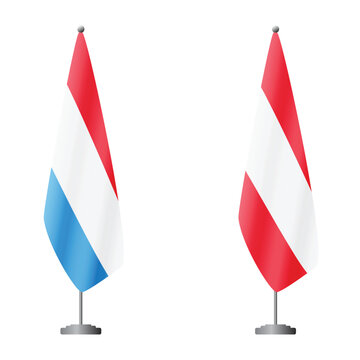 Luxembourg and Austria flags on flagpoles for official ceremonies and meetings, transparent background vector