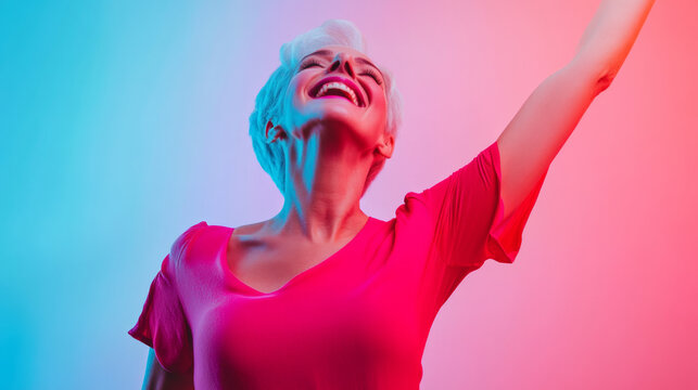Middle-aged woman smiling in vibrant neon gradient lighting