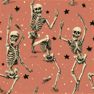 Retro dancing skeleton seamless pattern with vintage bones and stars on muted orange background, lively and spooky design