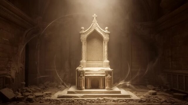 Ornate stone throne with cross in ruined underground chapel beneath warm light