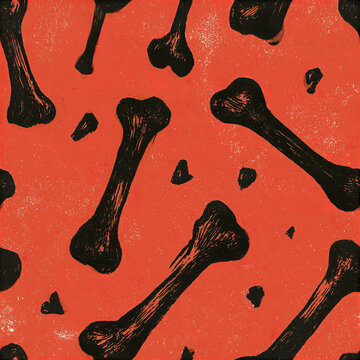 Retro Halloween bone seamless pattern with graphic black skeleton bones on orange background for spooky design
