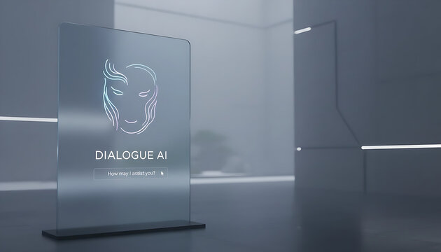 Futuristic digital display with holographic logo in modern tech environment