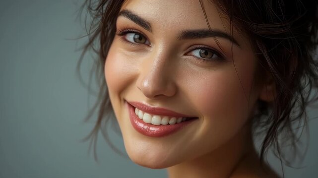Smiling Young Adult Woman Portrait with Closed Eye, Natural Makeup and Warm Expression