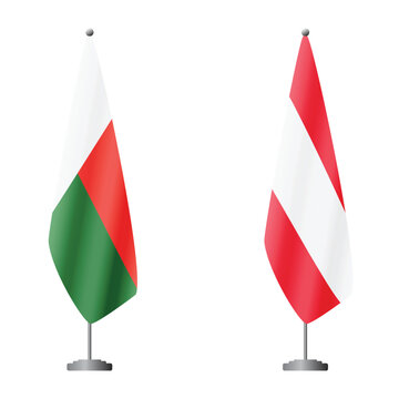 Madagascar and Austria flags on flagpoles for official ceremonies and meetings, transparent background vector