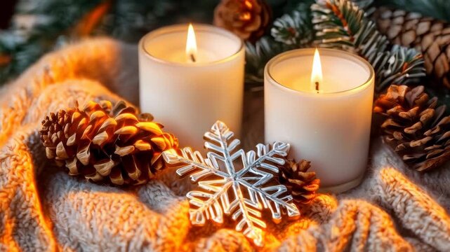 Winter Candle Pinecone Snowflake Decoration on Knitted Blanket with Warm Festive Holiday Glow