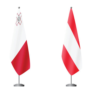Malta and Austria flags on flagpoles for official ceremonies and meetings, transparent background vector